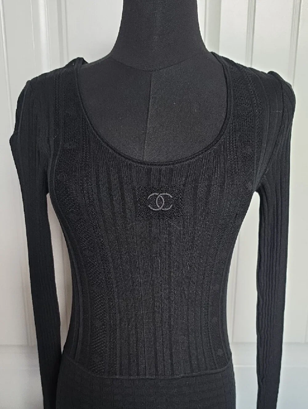 CHANEL Black Long-Sleeve Ribbed Knit Midi Dress